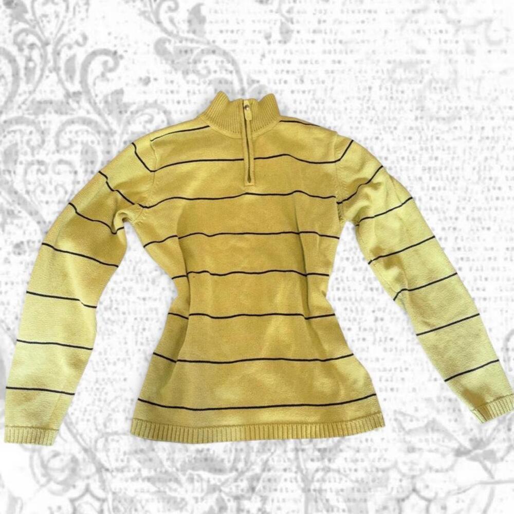 green + black striped quarter zip sweater